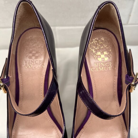 VINCE CAMUTO Vionet Mary Jane Eggplant Patent Leather Pumps Suede Heel Size 6.5 - Picture 5 of 8